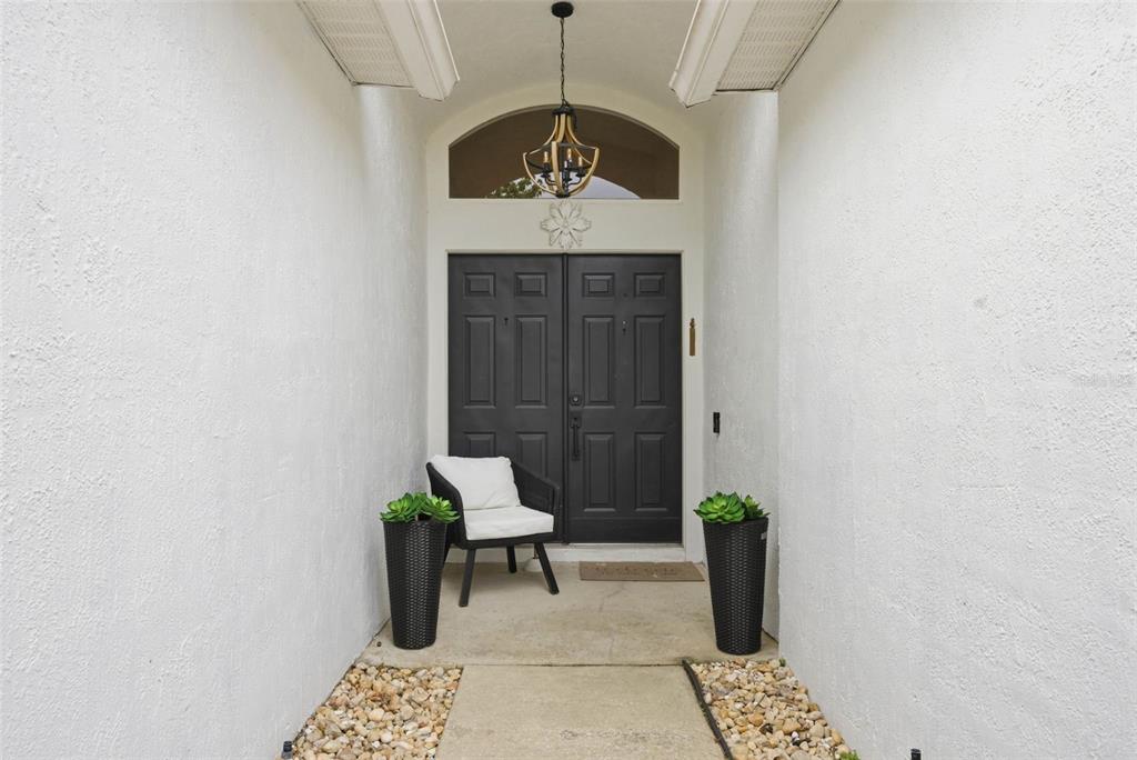 A covered entryway features a dark double door, a hanging lantern, and two potted plants — 13917 TALLOWRIDGE COURT, ORLANDO, FL