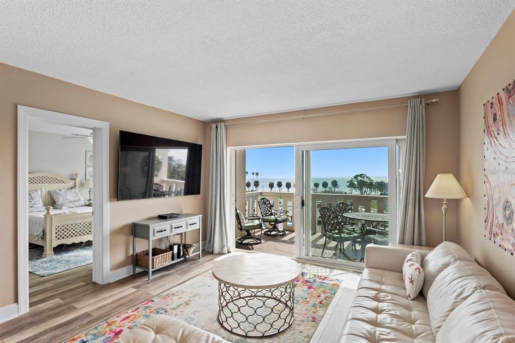 A living room with a white sofa, patterned rug, and sliding doors opening to a balcony — 1200 N SHORE DRIVE NE UNIT 407, ST PETERSBURG, FL