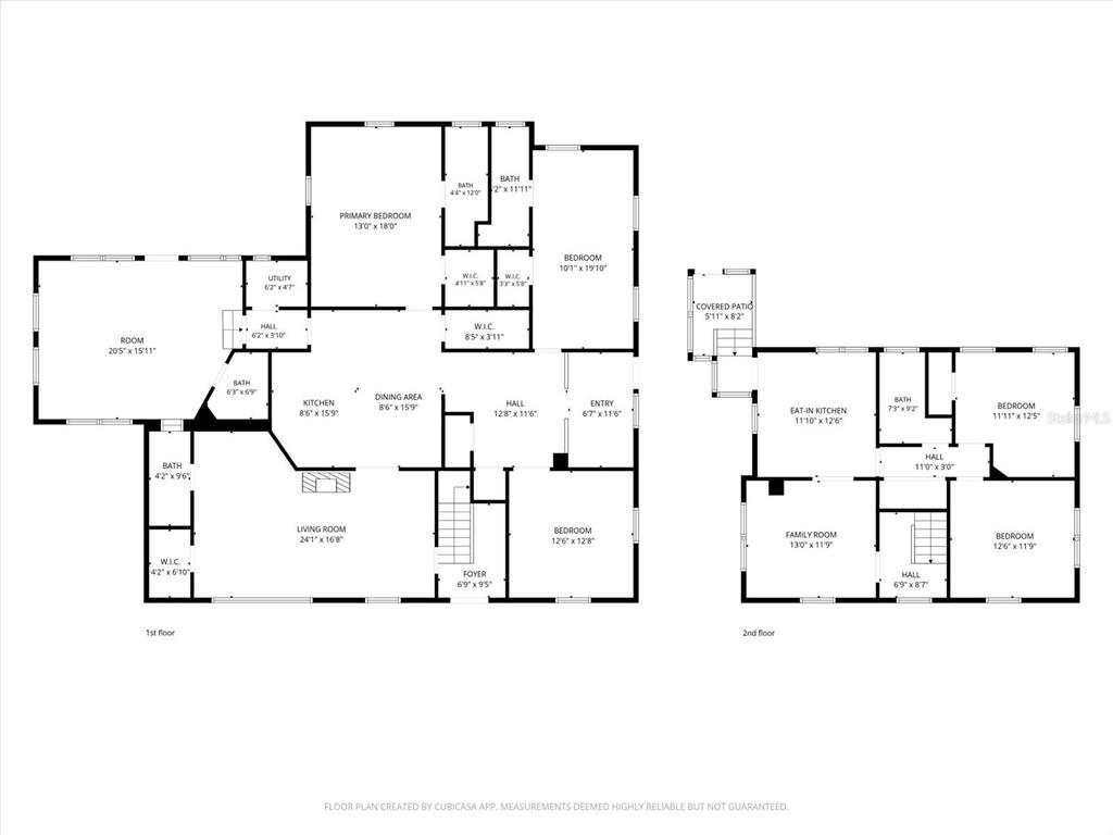 This is a two-story floor plan showing the layout of rooms, hallways, and bathrooms — 605 S JACKSON AVENUE, BARTOW, FL
