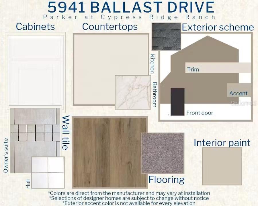 This design board displays material samples for cabinets, countertops, tile, flooring, paint, and exterior finishes — 5941 BALLAST DRIVE, WIMAUMA, FL