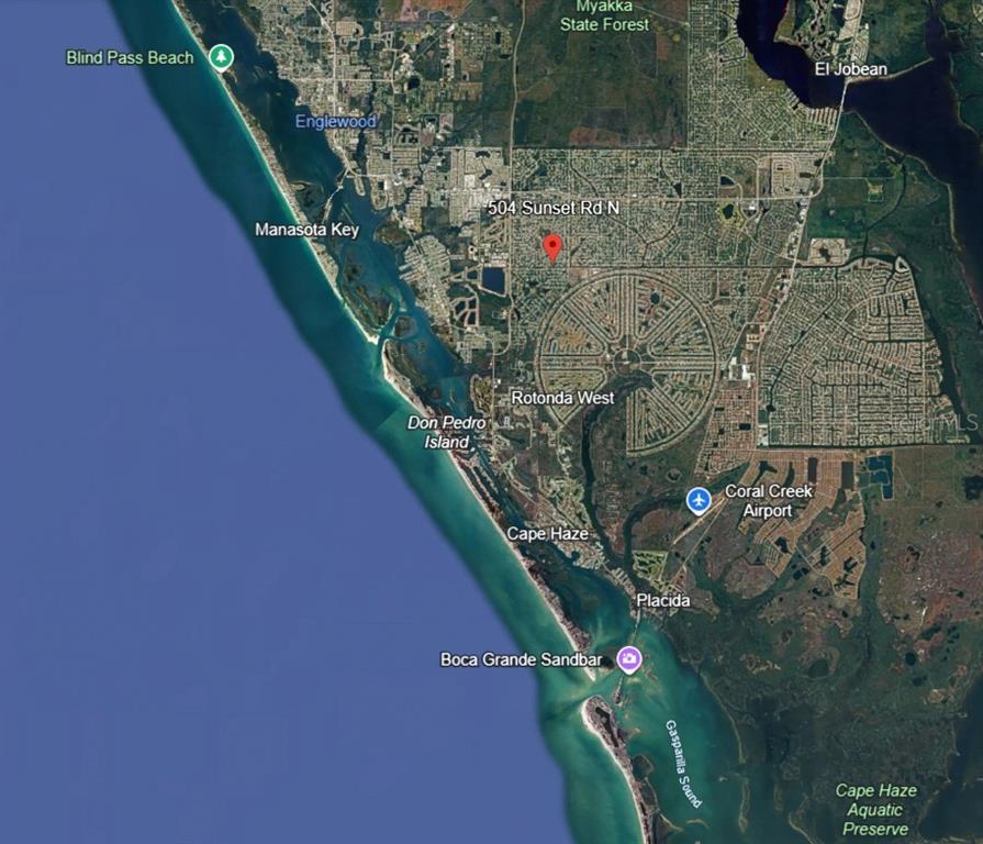 This is a satellite map showing the coastal area of Rotonda West, Florida — 504 SUNSET ROAD N, ROTONDA WEST, FL