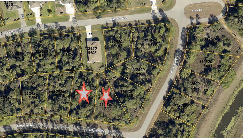 This is a satellite map showing residential property lot lines and parcel numbers — Lot 11 BARCELONA DRIVE, NORTH PORT, FL