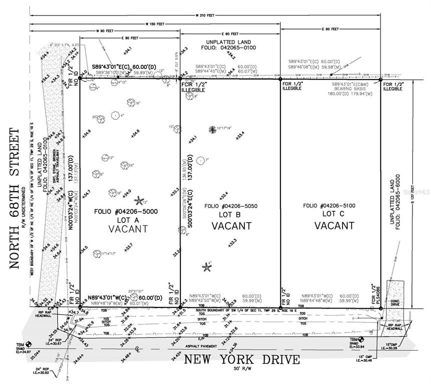 This is a land survey map showing three vacant lots along North 68th Street — 6806 NEW YORK DRIVE Lots A,B,C, TAMPA, FL