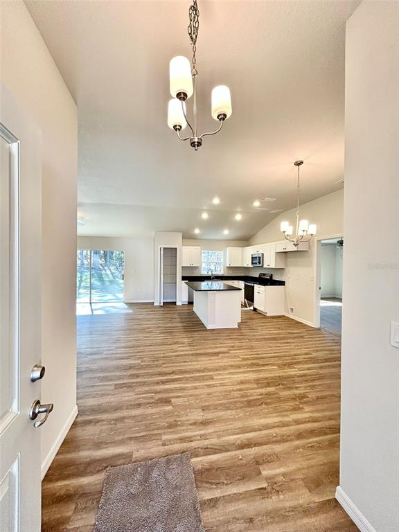 An open-concept kitchen and living area features wood-look flooring and two hanging light fixtures — 1586 W GAINSBORO LANE, CITRUS SPRINGS, FL