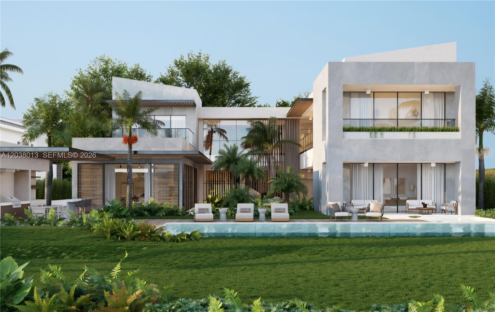 This is a rendering of a modern two-story luxury home with a pool and lawn — 76 las palmas 76, 0, FL