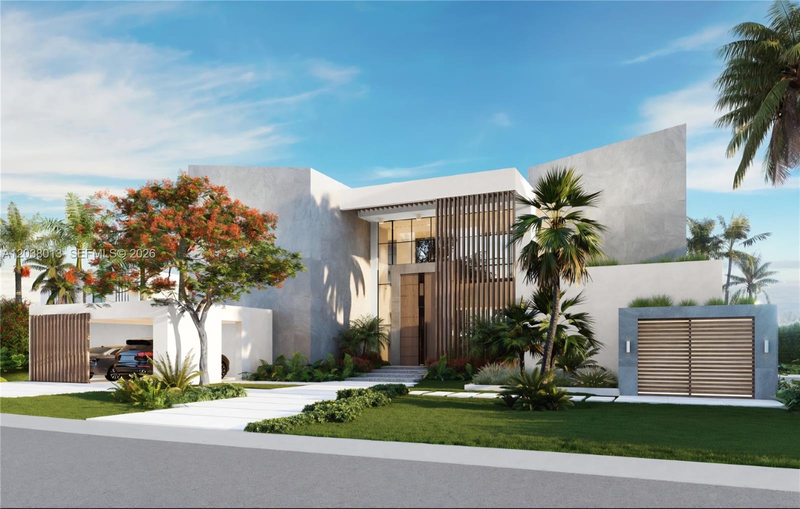 This is a rendering of a modern luxury home with a slatted wood facade — 76 las palmas 76, 0, FL