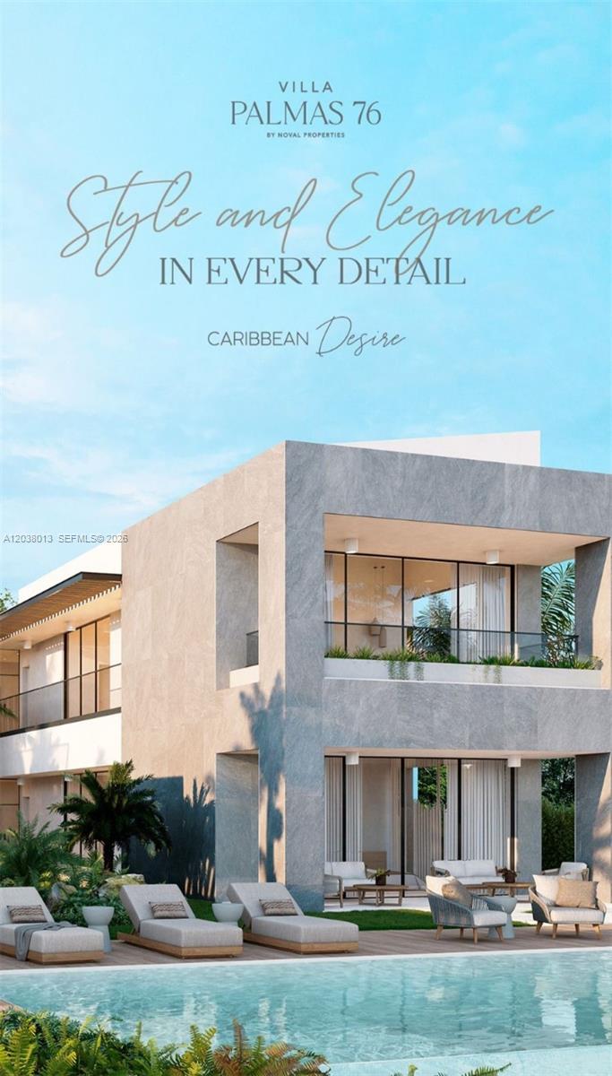 This architectural rendering shows a modern two-story villa with a pool and lounge chairs — 76 las palmas 76, 0, FL