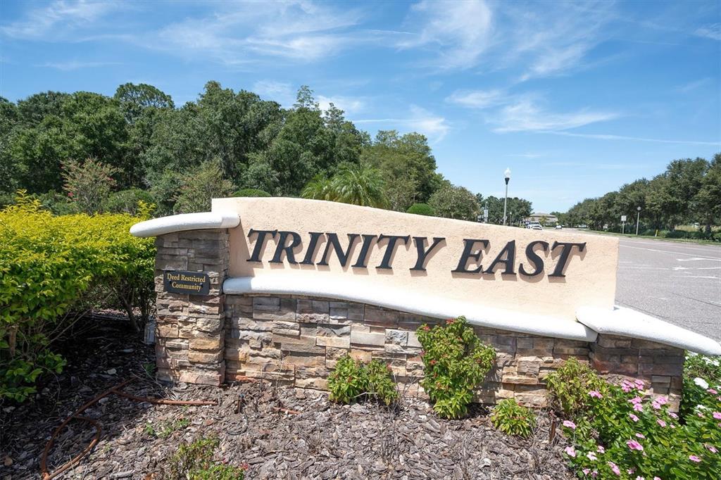 A stone monument sign for the Trinity East community stands beside a paved road — 1307 KETZAL DRIVE, TRINITY, FL