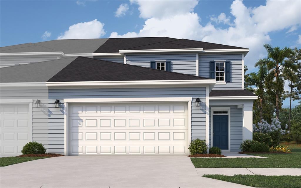 A digital rendering of a two-story blue townhouse with a white garage and front door — 12 BIG PINE DRIVE, PALM COAST, FL
