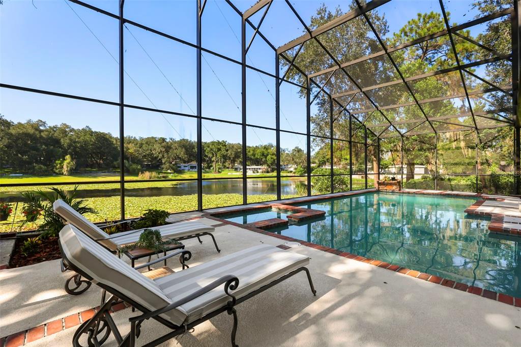 A screened-in pool and spa overlook a lake with lily pads and surrounding trees — 1301 DRUID ISLE ROAD, MAITLAND, FL