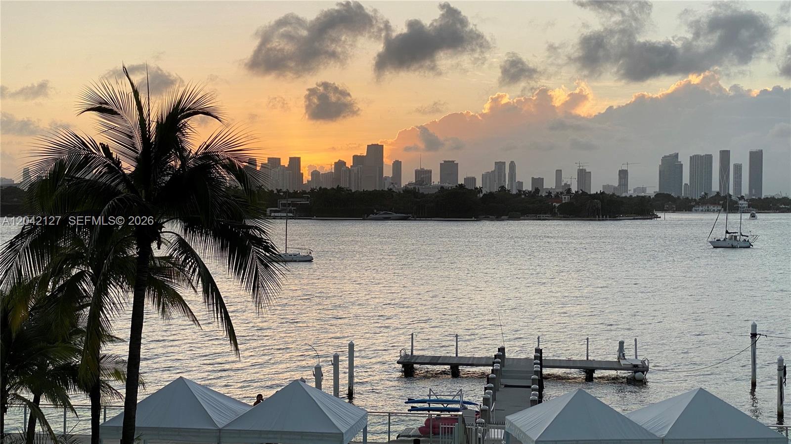 A view of a city skyline across the water with a palm tree and dock — 1000 WEST AVE # 318, Miami Beach FL 33139, MIAMI BEACH, FL
