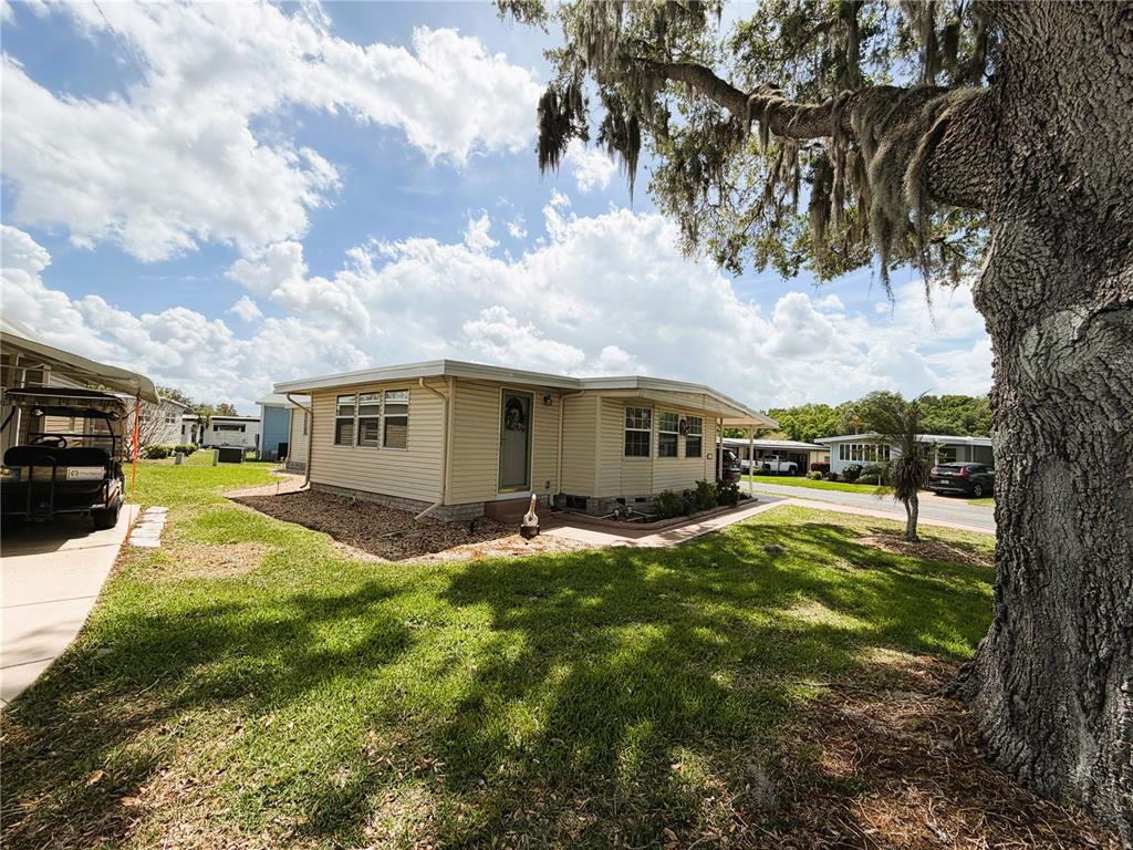 A light-colored mobile home sits on a grassy lot under a large oak tree — 121 AZALEA TRAIL, LEESBURG, FL