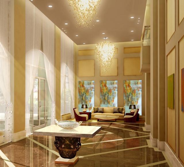 This rendering shows a luxurious hotel lobby with high ceilings, crystal chandeliers, and marble floors — 550 Okeechobee Boulevard # 604, West Palm Beach FL 33401, WEST PALM BEACH, FL