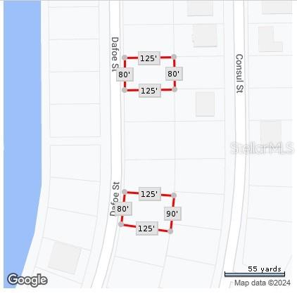 This map shows two rectangular land parcels with their dimensions labeled in feet — 8216 DAFOE STREET, PORT CHARLOTTE, FL
