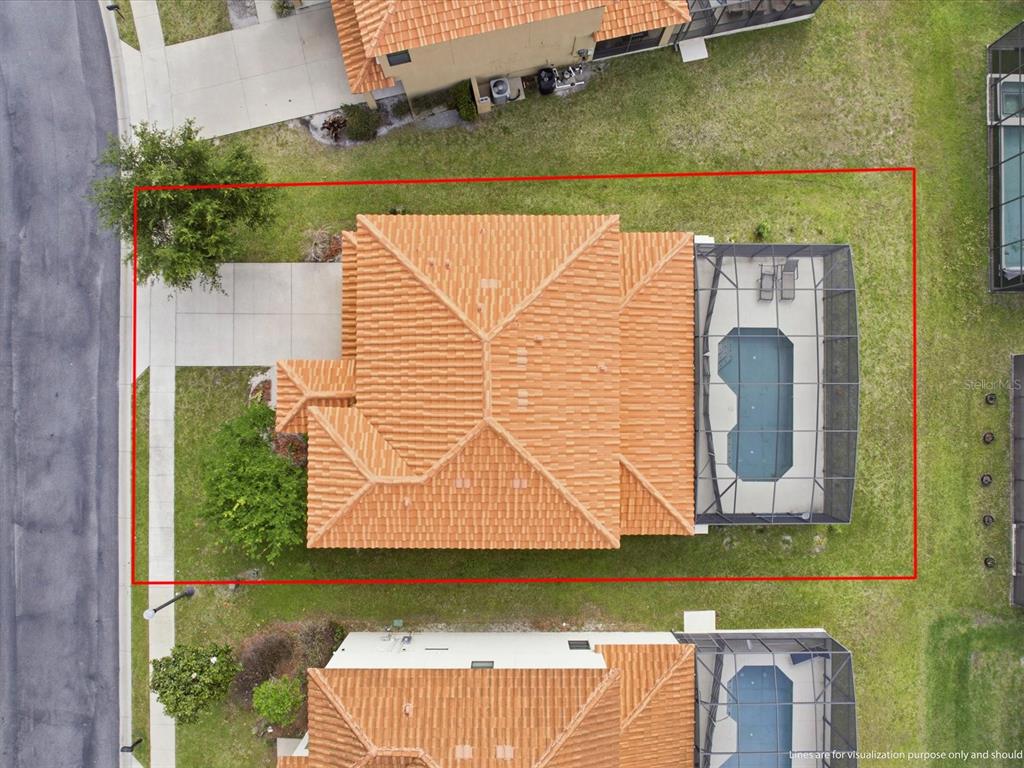 An aerial view shows a house with a tiled roof, a screened pool, and a yard — 2621 ROSEMONT CIRCLE, DAVENPORT, FL