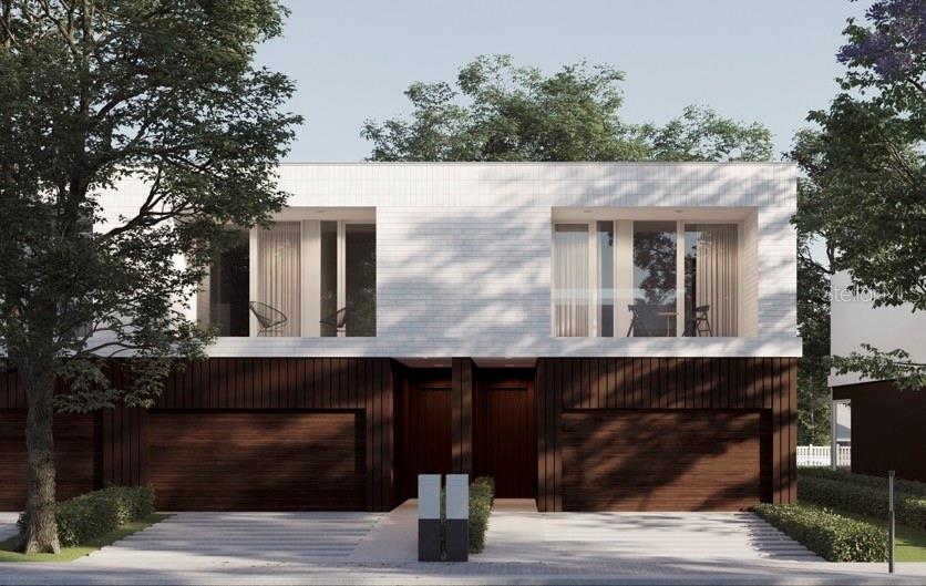 A rendering of a modern two-story duplex with white brick upper levels and wood-paneled garages — 11302 WESTWOOD BOULEVARD UNIT 31, ORLANDO, FL