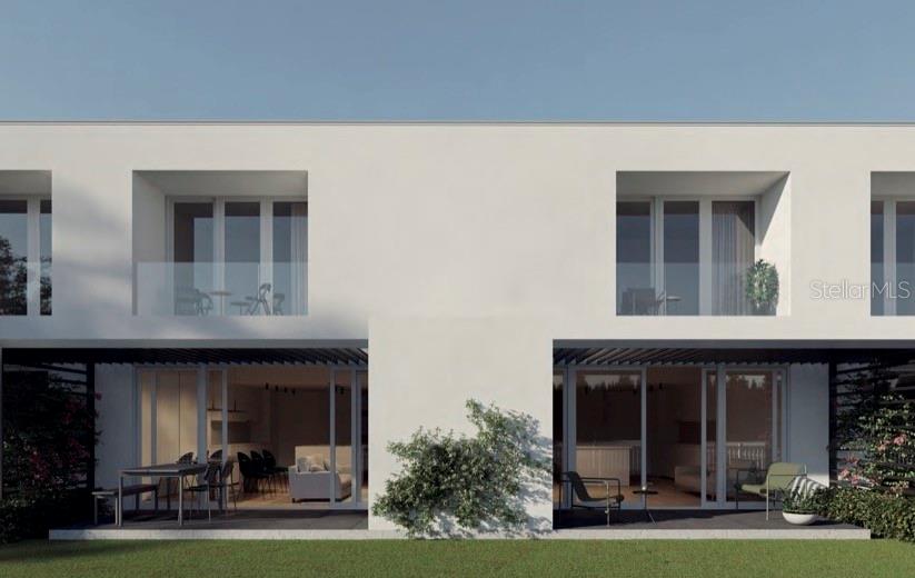 This architectural rendering shows the exterior of a modern two-story duplex with balconies and patios — 11302 WESTWOOD BOULEVARD UNIT 31, ORLANDO, FL