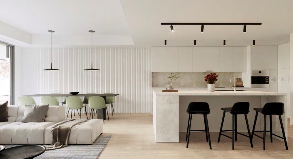 This rendering shows a modern open-concept kitchen and dining area with light wood flooring — 11302 WESTWOOD BOULEVARD UNIT 31, ORLANDO, FL