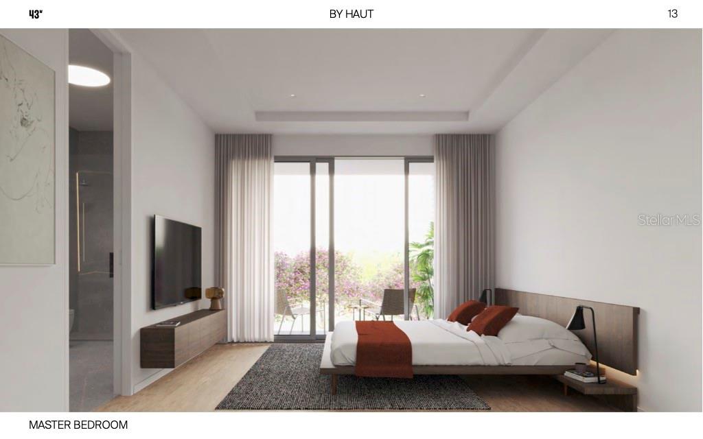 This rendering shows a modern master bedroom with a platform bed, balcony, and attached bathroom — 11302 WESTWOOD BOULEVARD UNIT 31, ORLANDO, FL