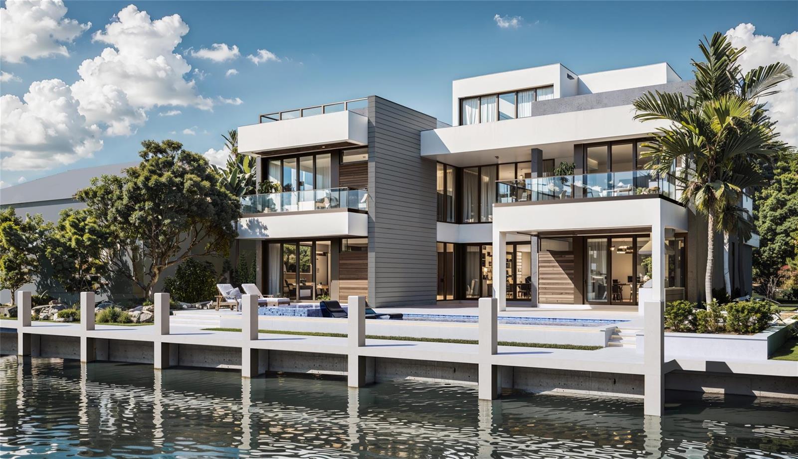 This is a rendering of a modern waterfront house with a pool and private dock — 2729 NE 23rd Court, Pompano Beach FL 33062, POMPANO BEACH, FL