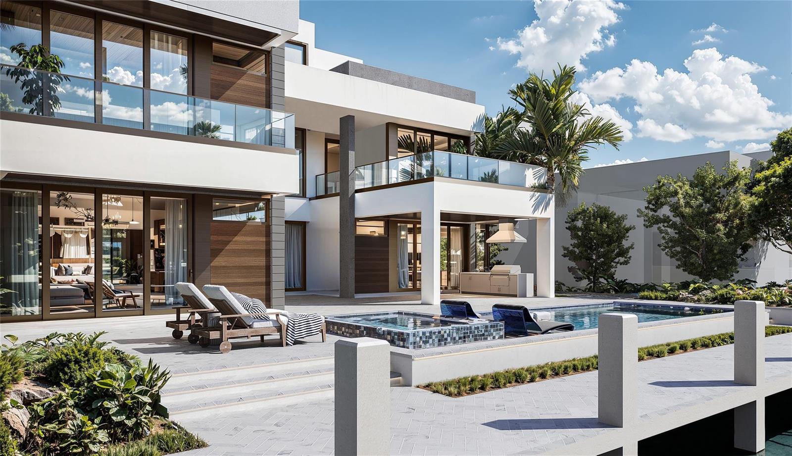 This rendering shows a modern multi-story house with a pool, patio, and outdoor kitchen — 2729 NE 23rd Court, Pompano Beach FL 33062, POMPANO BEACH, FL