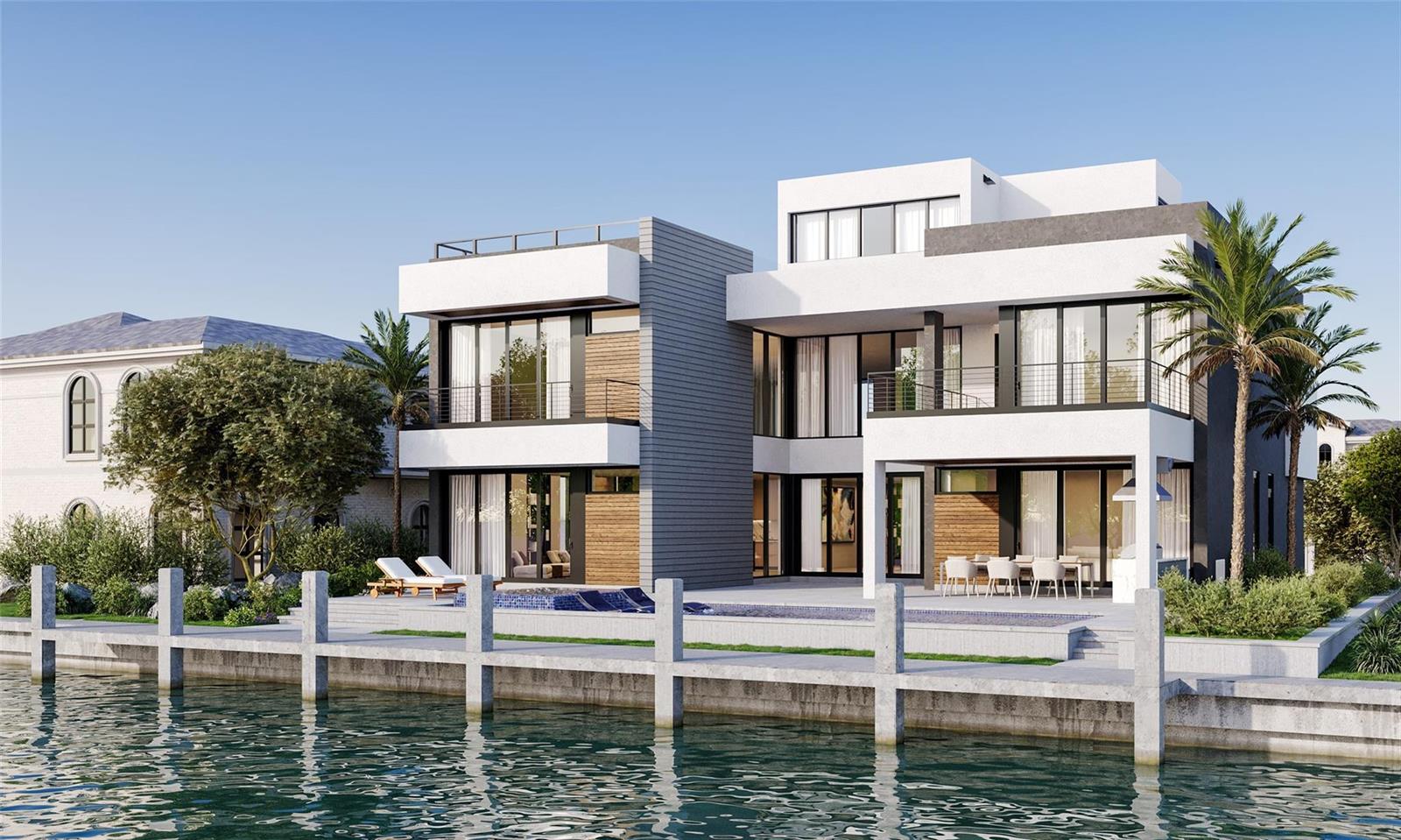This is a rendering of a modern two-story waterfront home with a pool and dock — 2729 NE 23rd Court, Pompano Beach FL 33062, POMPANO BEACH, FL