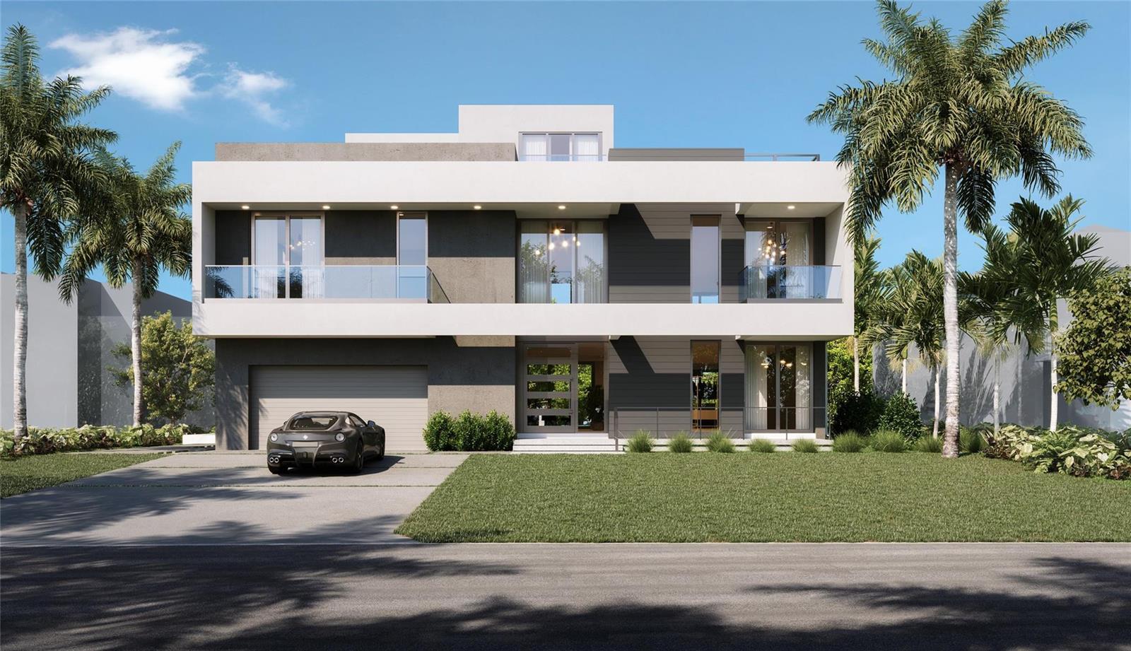 This is a rendering of a modern two-story house with a garage and palm trees — 2729 NE 23rd Court, Pompano Beach FL 33062, POMPANO BEACH, FL
