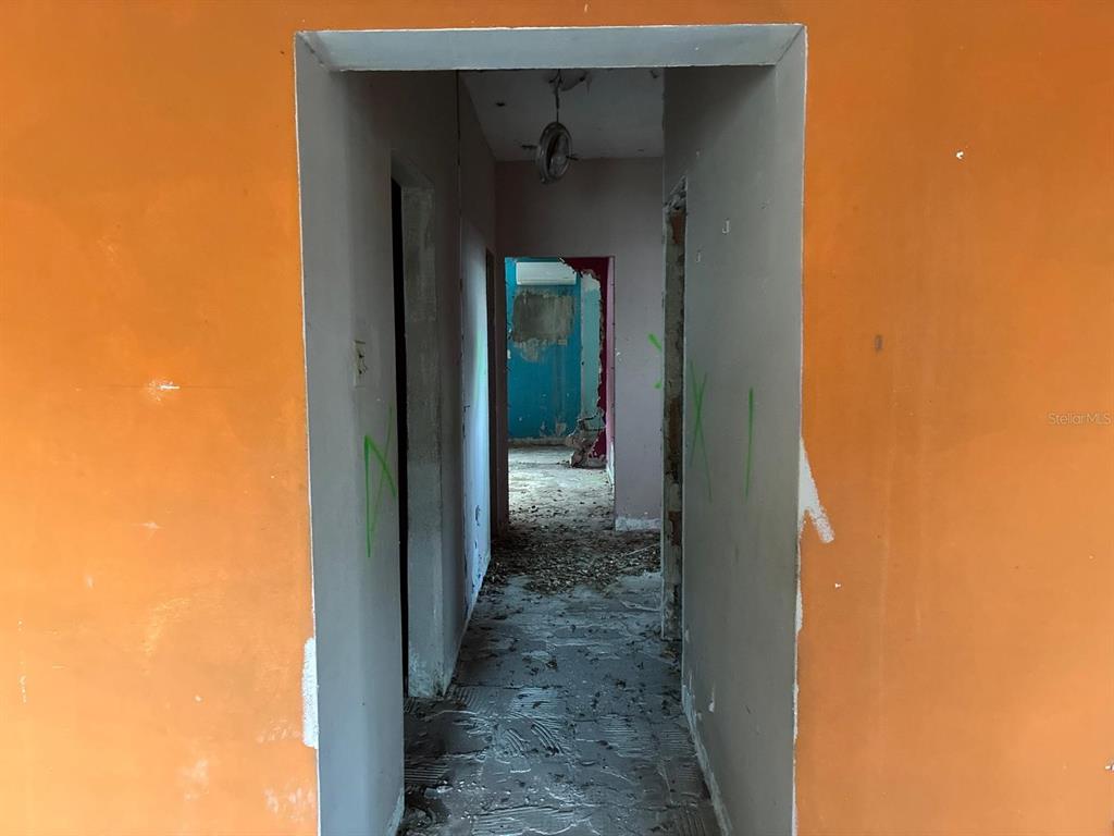 A view through a doorway into a dilapidated hallway with orange walls and debris — 58 CALLE TENIENTE MATTA, SAN JUAN, PR