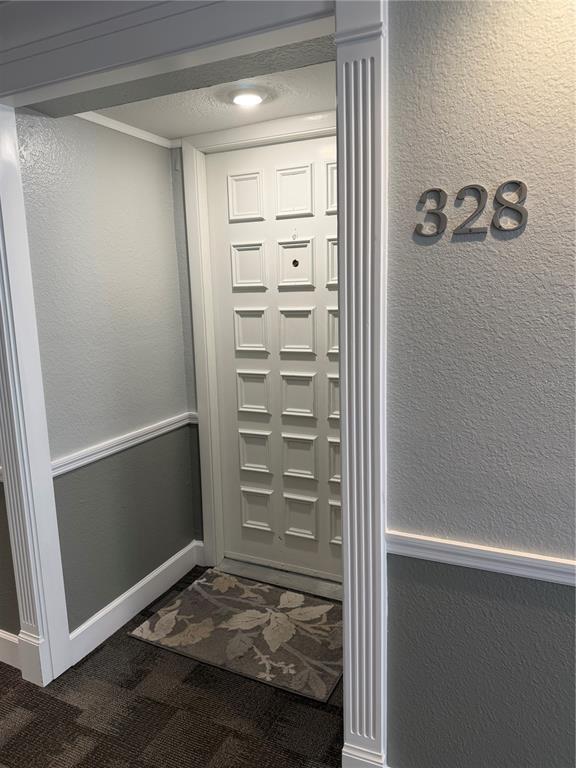 A white door with a peephole is labeled 328 in a carpeted apartment hallway — 328 MARINER DRIVE UNIT 328, TARPON SPRINGS, FL