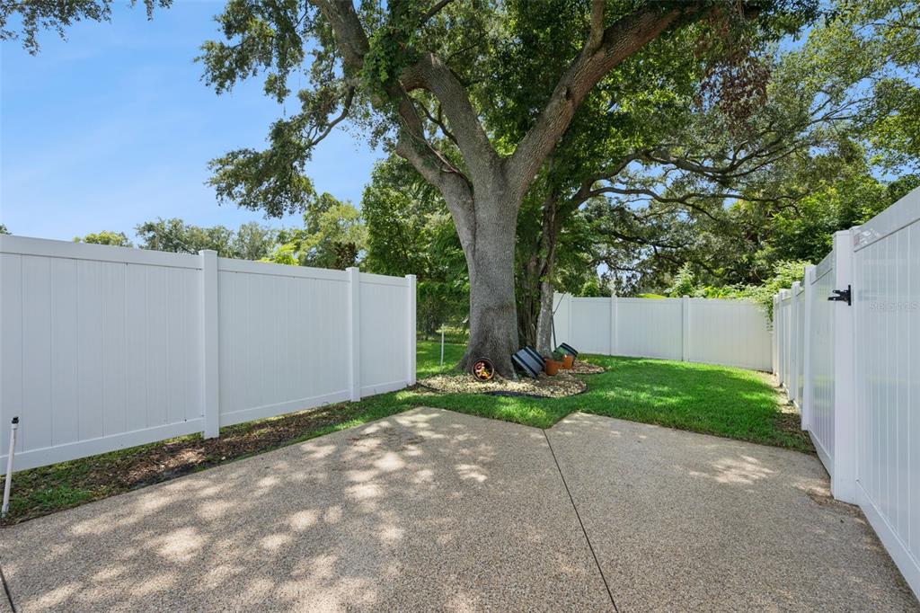 A concrete patio sits in a fenced backyard featuring a large tree and grass — 90 N GOLDWYN AVENUE, ORLANDO, FL