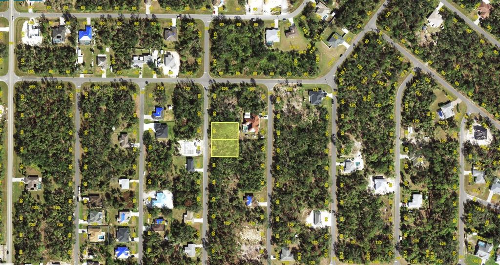This is an aerial map showing a highlighted vacant residential lot in a suburban neighborhood — 304 & 312 ARBOR STREET, PORT CHARLOTTE, FL