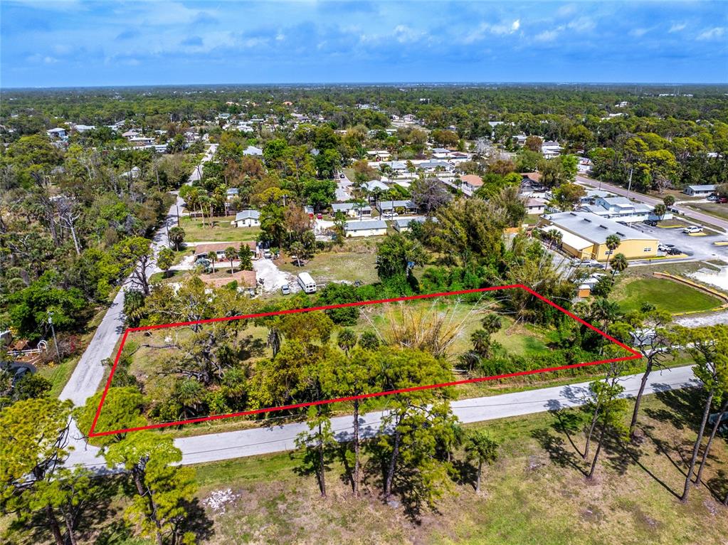 An aerial view shows a rectangular, tree-covered vacant lot outlined in red next to a road — PINEAPPLE STREET, ENGLEWOOD, FL
