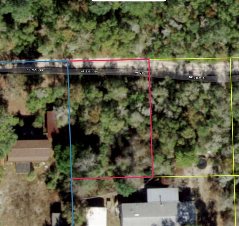 This is an aerial map showing a rectangular plot of land outlined in pink — NE 235TH PL, FORT MC COY, FL