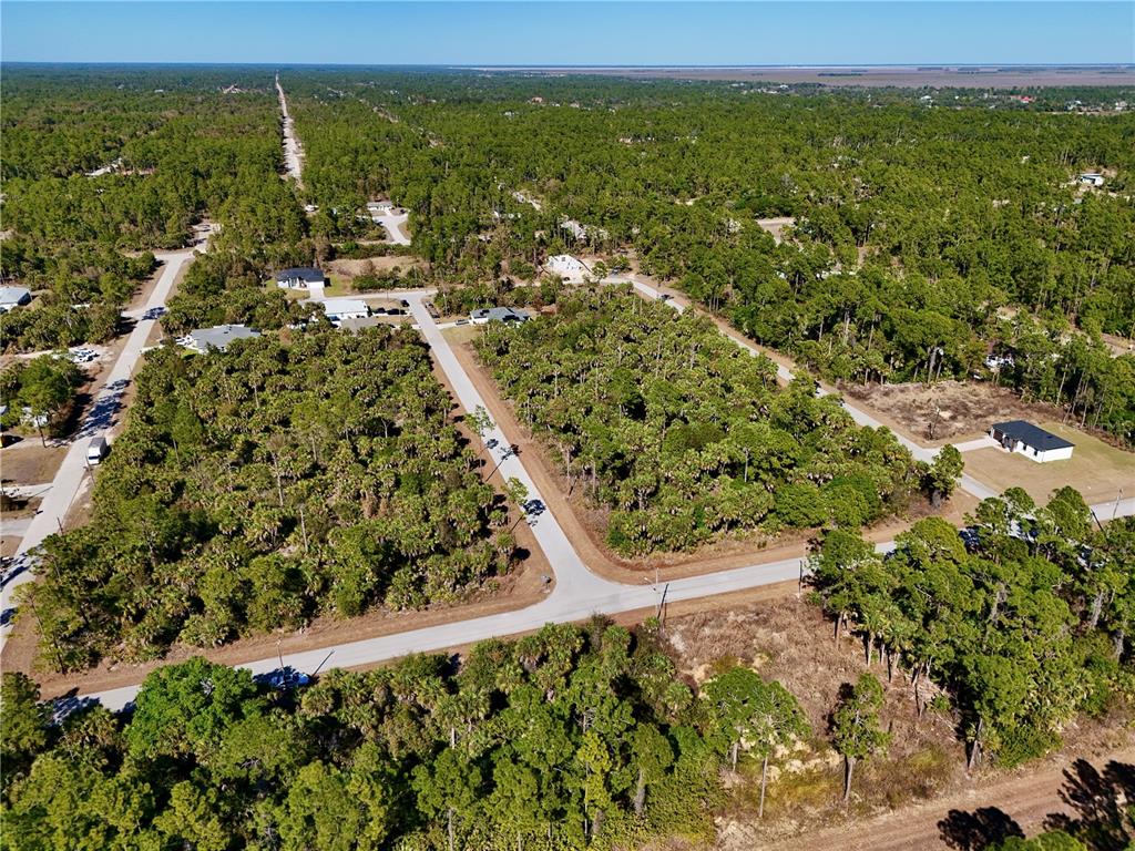 An aerial view shows a paved road intersection surrounded by dense forest and scattered houses — 131 NAVARRA AVENUE S, LEHIGH ACRES, FL