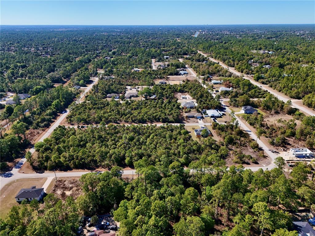 An aerial view shows a residential neighborhood with scattered houses surrounded by dense forest — 131 NAVARRA AVENUE S, LEHIGH ACRES, FL