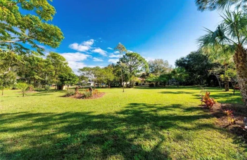 A large, grassy backyard features mature trees, palm trees, and landscaped garden beds — 25271 ROLAND LANE, PUNTA GORDA, FL