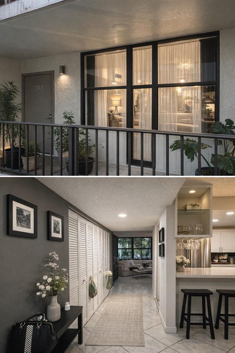 A split-view image showing an apartment balcony entrance and an interior hallway with kitchen seating — 20441 NE 30th Avenue # 9, Miami FL 33180, MIAMI, FL