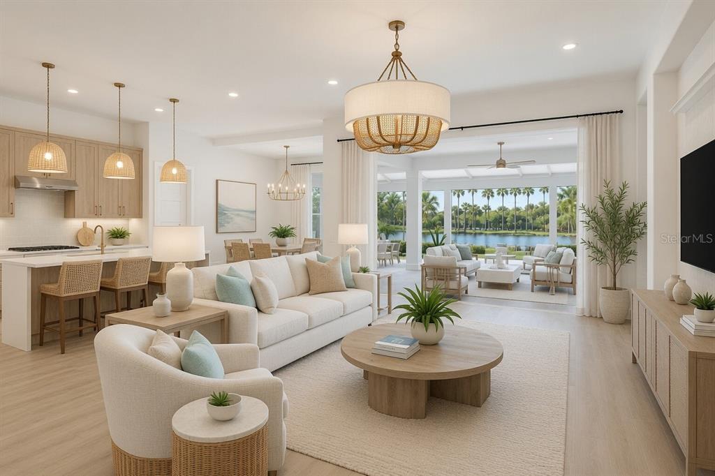 This rendering shows an open-concept living room and kitchen with light wood finishes and furniture — 14222 MAYSVILLE CIRCLE, PORT CHARLOTTE, FL