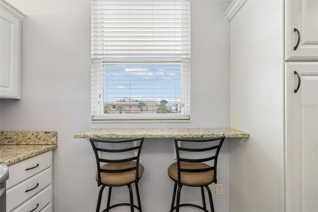A kitchen breakfast bar with granite countertops and two chairs sits beneath a window — 7465 BAY ISLAND DRIVE S UNIT 313, SOUTH PASADENA, FL