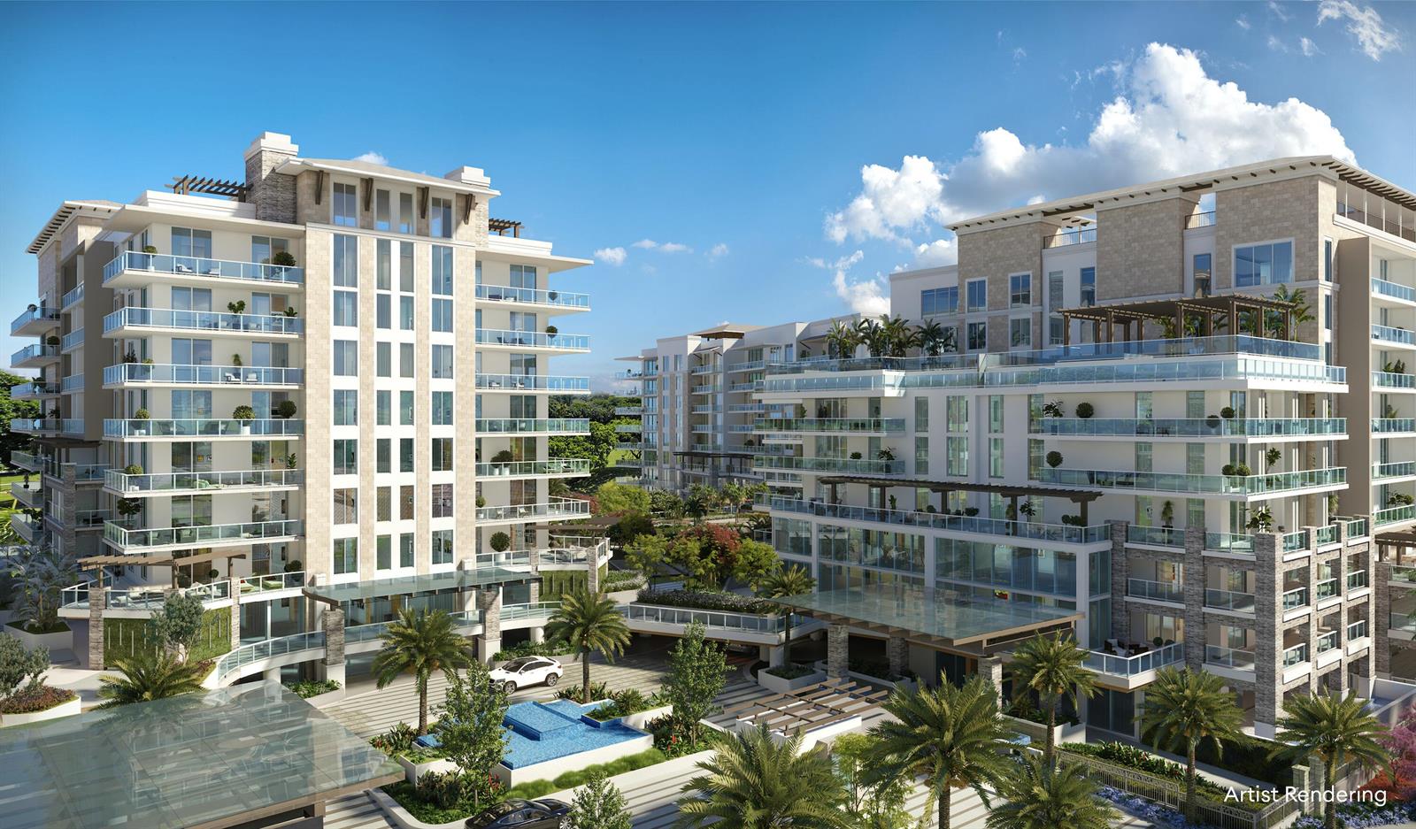 This is an artist rendering of two modern multi-story apartment buildings with balconies and landscaping — 220 SE Mizner Boulevard # 501, Boca Raton FL 33432, BOCA RATON, FL