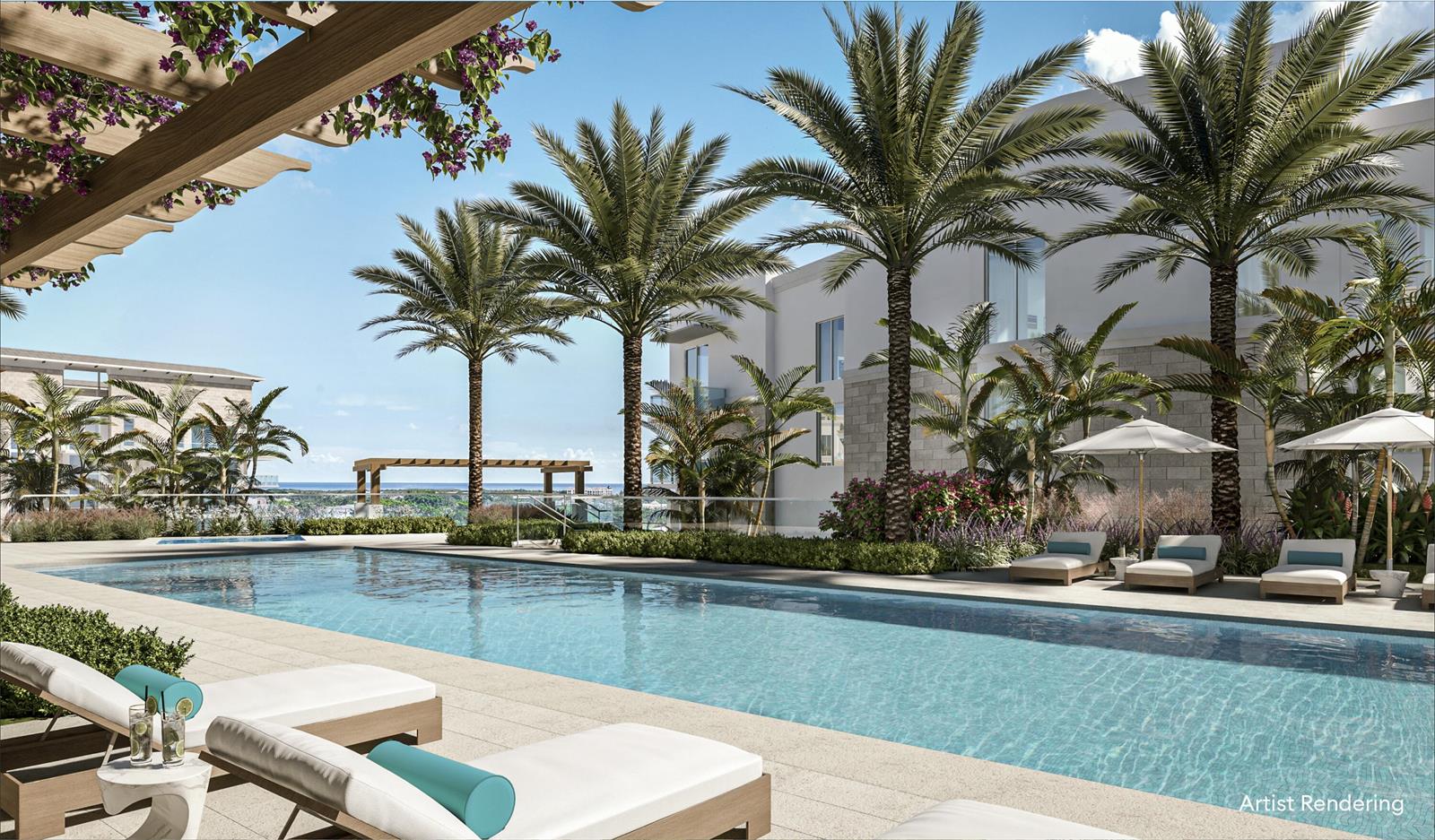 This artist rendering shows a swimming pool surrounded by lounge chairs, palm trees, and buildings — 220 SE Mizner Boulevard # 501, Boca Raton FL 33432, BOCA RATON, FL