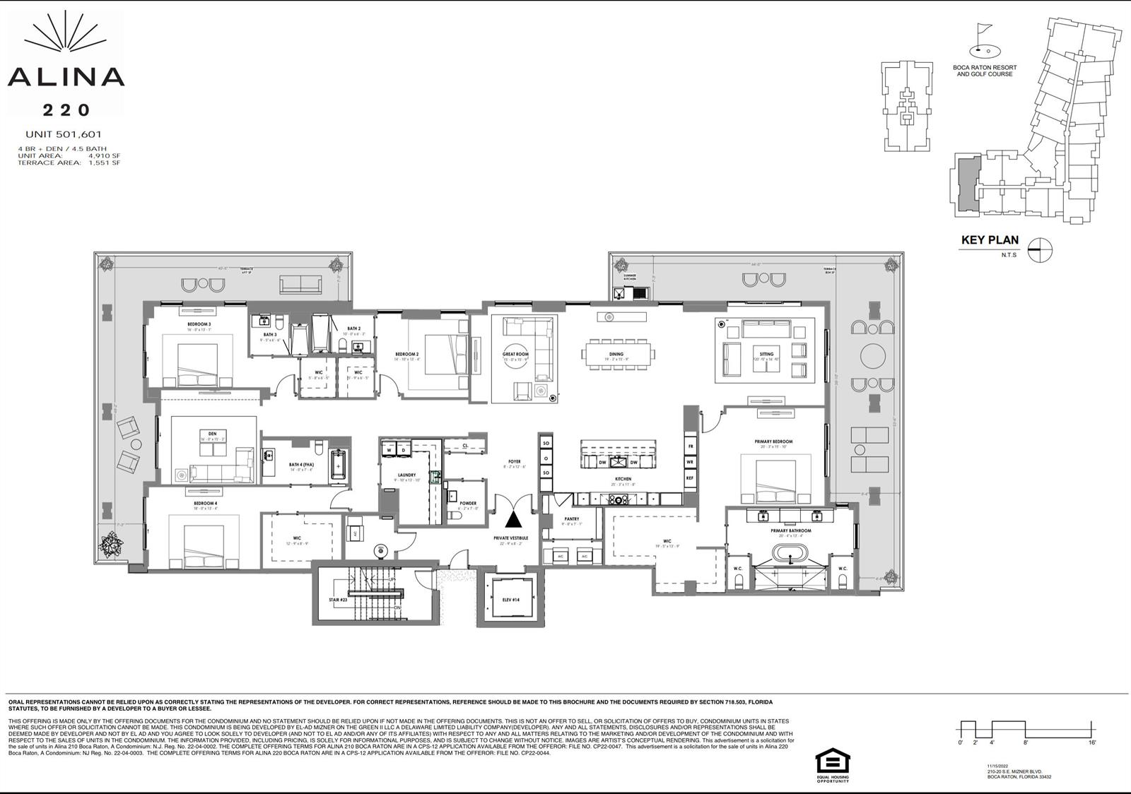 This is a floor plan for a four-bedroom, four-and-a-half-bath residential condominium unit — 220 SE Mizner Boulevard # 501, Boca Raton FL 33432, BOCA RATON, FL