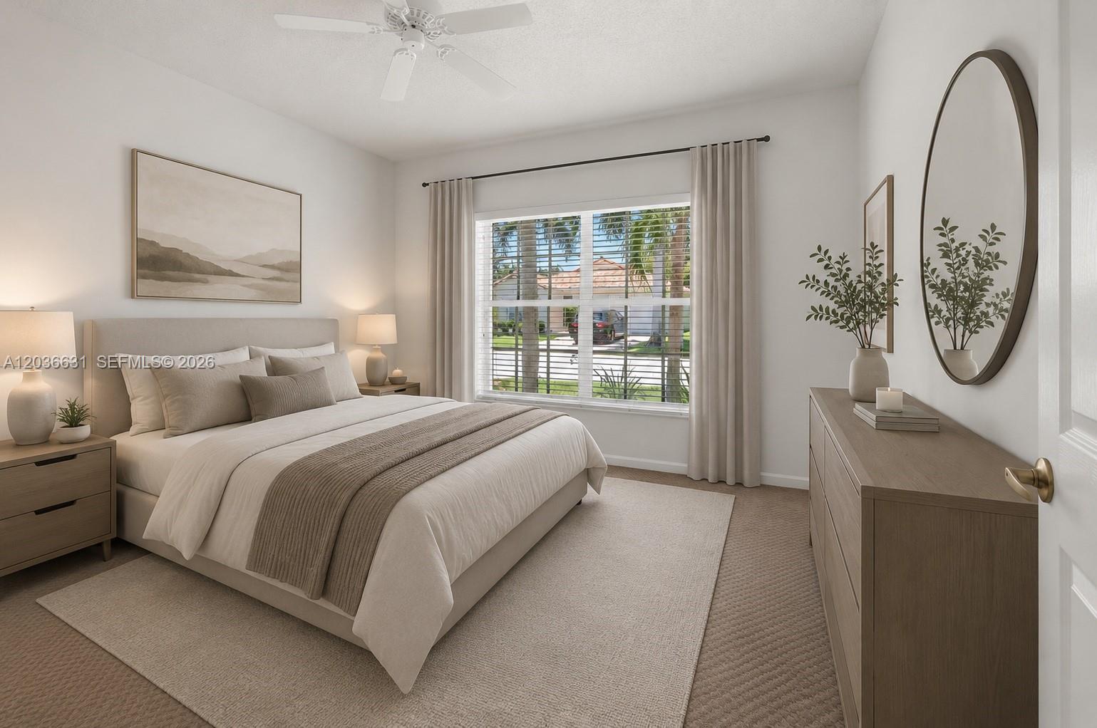 This bedroom features a queen bed, a dresser with a mirror, and a window view — 7679 Lemonwood St, Boynton Beach FL 33437, BOYNTON BEACH, FL