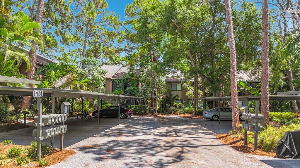 A paved parking area features covered carports, mature trees, and rows of mailboxes — 1715 PELICAN COVE ROAD UNIT GL339, SARASOTA, FL