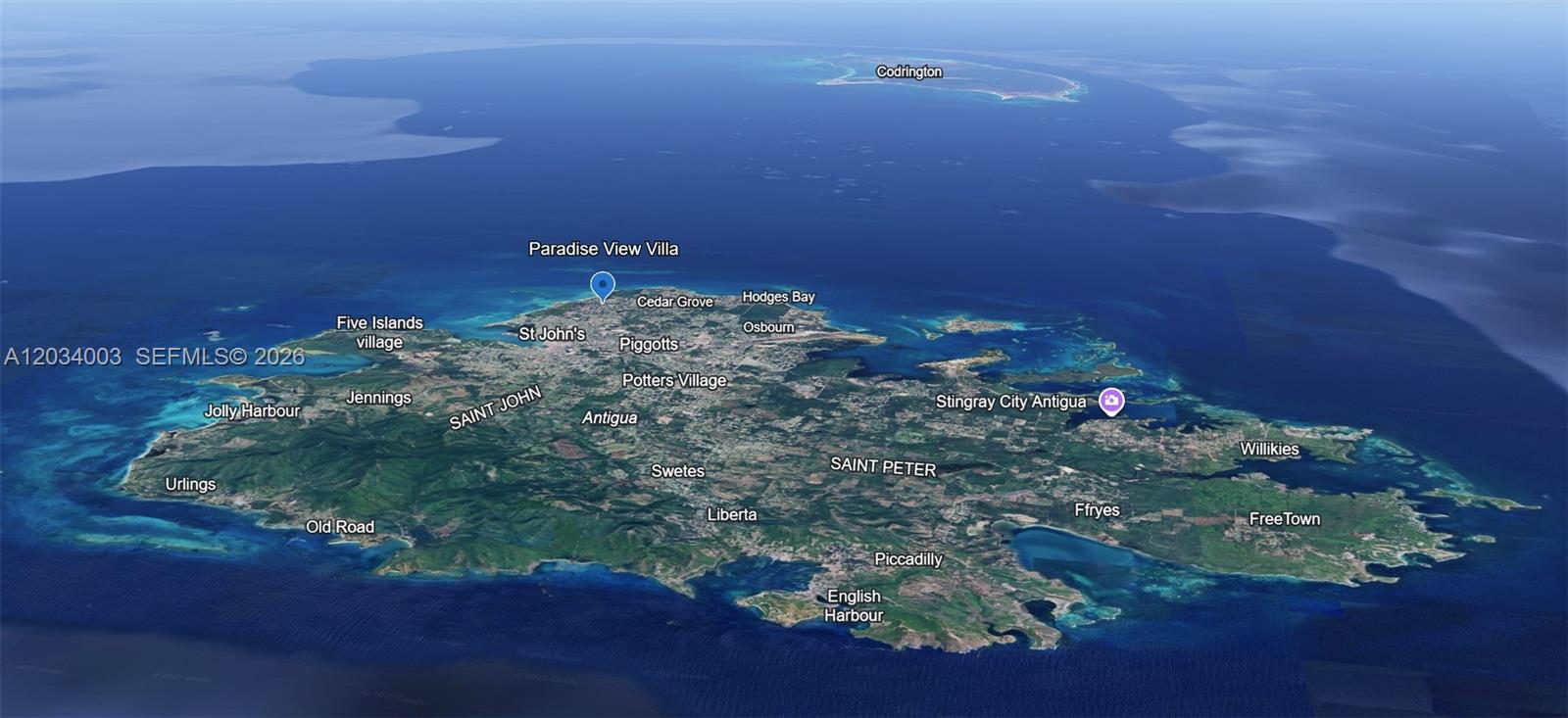 This is a satellite map view of the island of Antigua with various locations labeled — 15 Paradise View Villa, 00000, FL