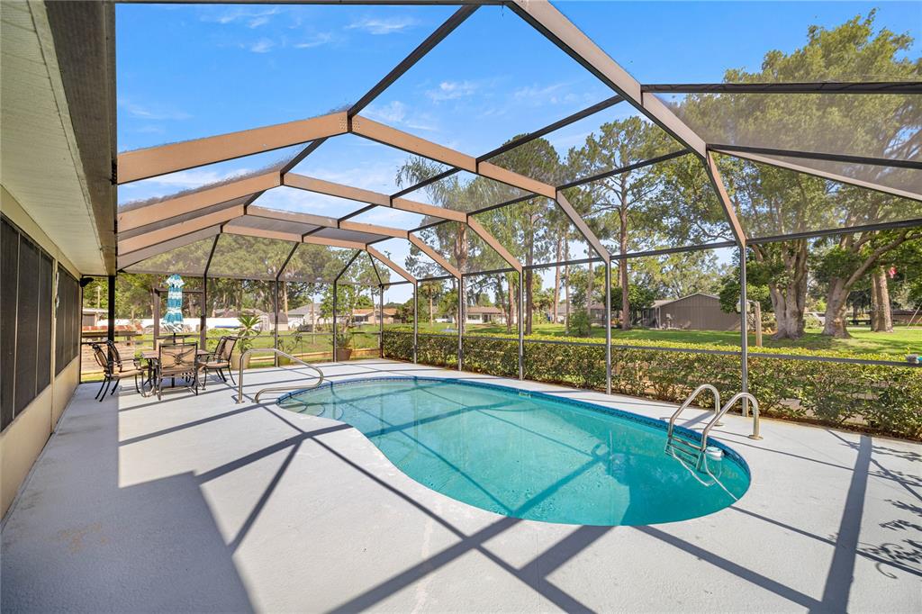 A screened-in patio features a swimming pool, outdoor dining furniture, and a grassy backyard — 36 SE CHINICA DRIVE, SUMMERFIELD, FL
