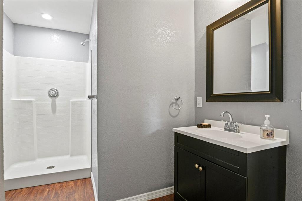 A bathroom features a walk-in shower, a dark vanity with a white sink, and a mirror — 11735 MARJORY AVENUE, TAMPA, FL