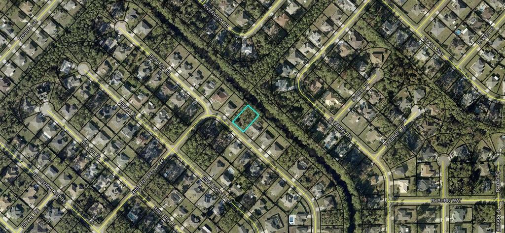 This is an aerial map view of a residential neighborhood with a highlighted vacant lot — 15 RIPPLING BROOK DRIVE, PALM COAST, FL