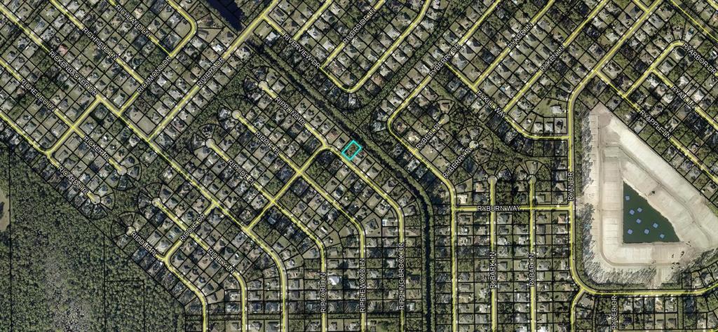 This is an aerial map view of a residential neighborhood with a highlighted property lot — 15 RIPPLING BROOK DRIVE, PALM COAST, FL