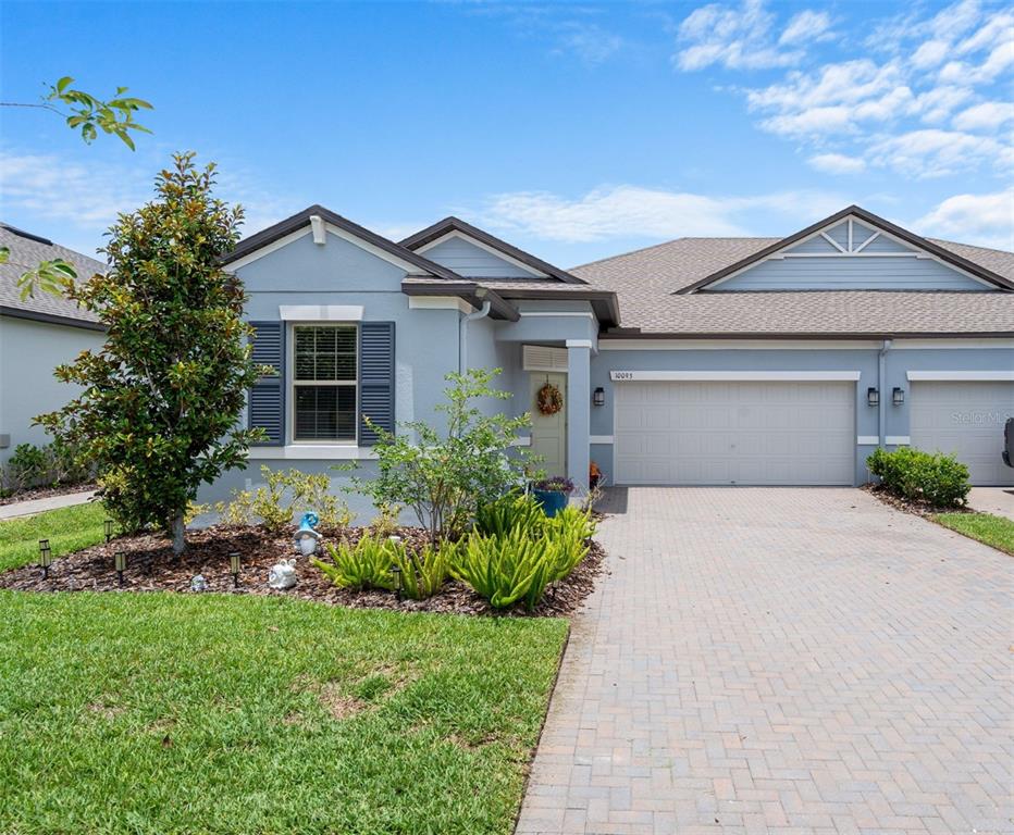 A light blue single-story house features a paved driveway, a two-car garage, and landscaping — 10093 CAMPANULA COURT, LAND O LAKES, FL